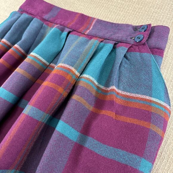 Vintage Pleated Plaid Wool Midi Skirt Purple Teal Pink Lined Fall Winter Skirt - Picture 3 of 7